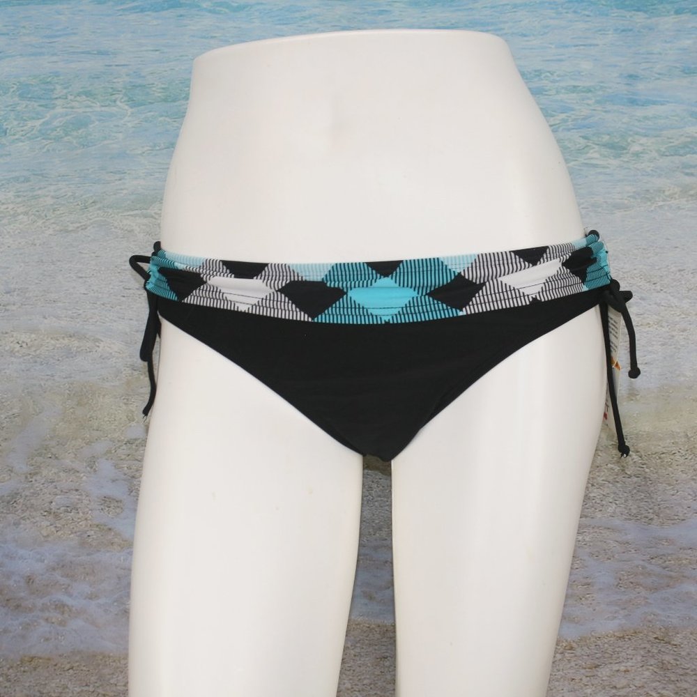 HOBIE Swimsuit Bottoms Bikini Black Turquoise Blue Argyle Plaid Band Tie Small